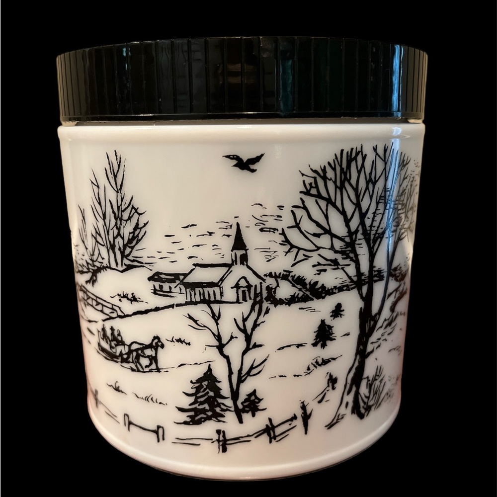 Vintage, Midcentury, Milk Glass Canister w/ Black & White Winter Scene